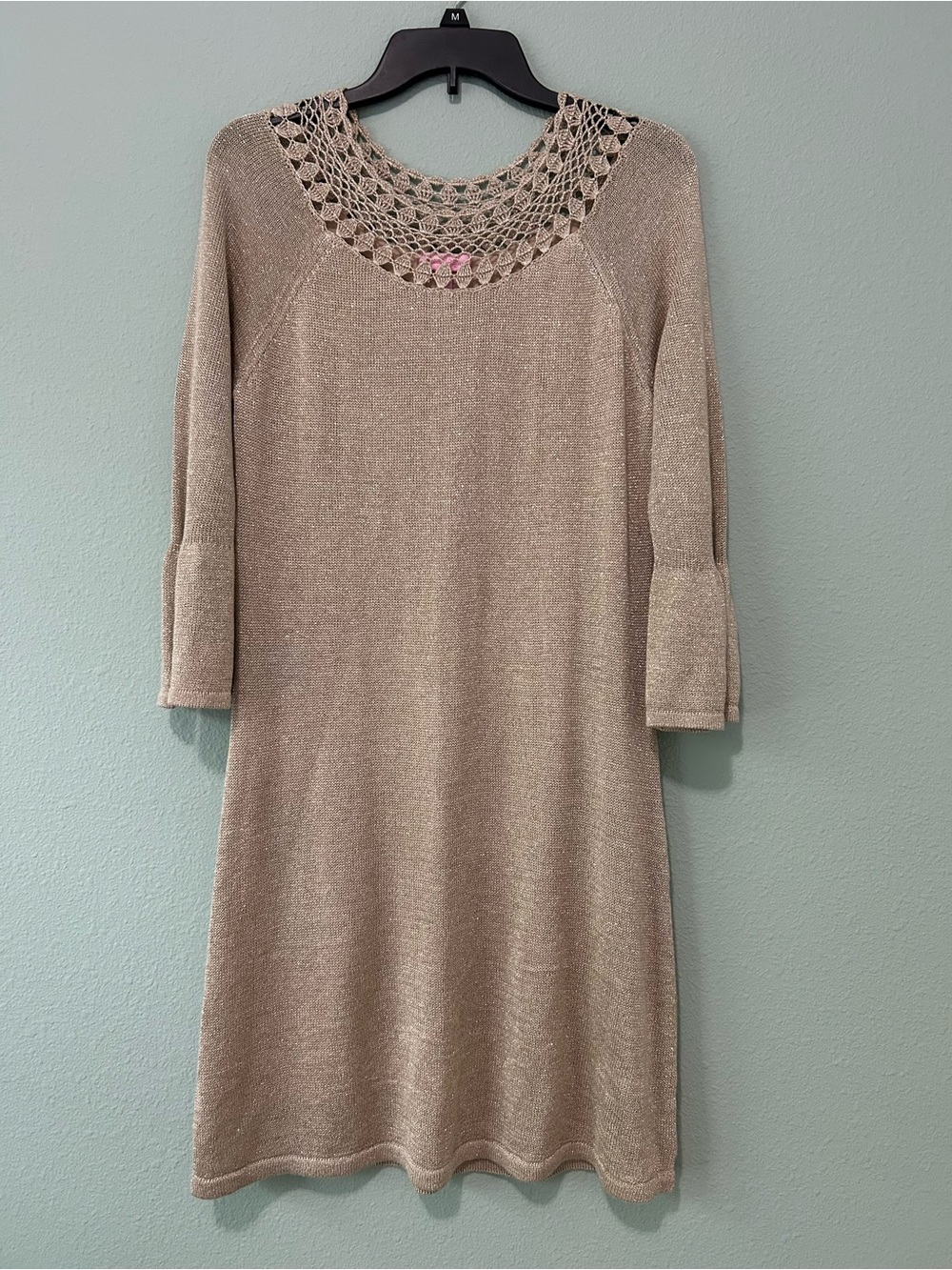 Lilly Pulitzer Carino Sweater Dress Gold Metallic Crochet Lace Bell Sleeve Knit